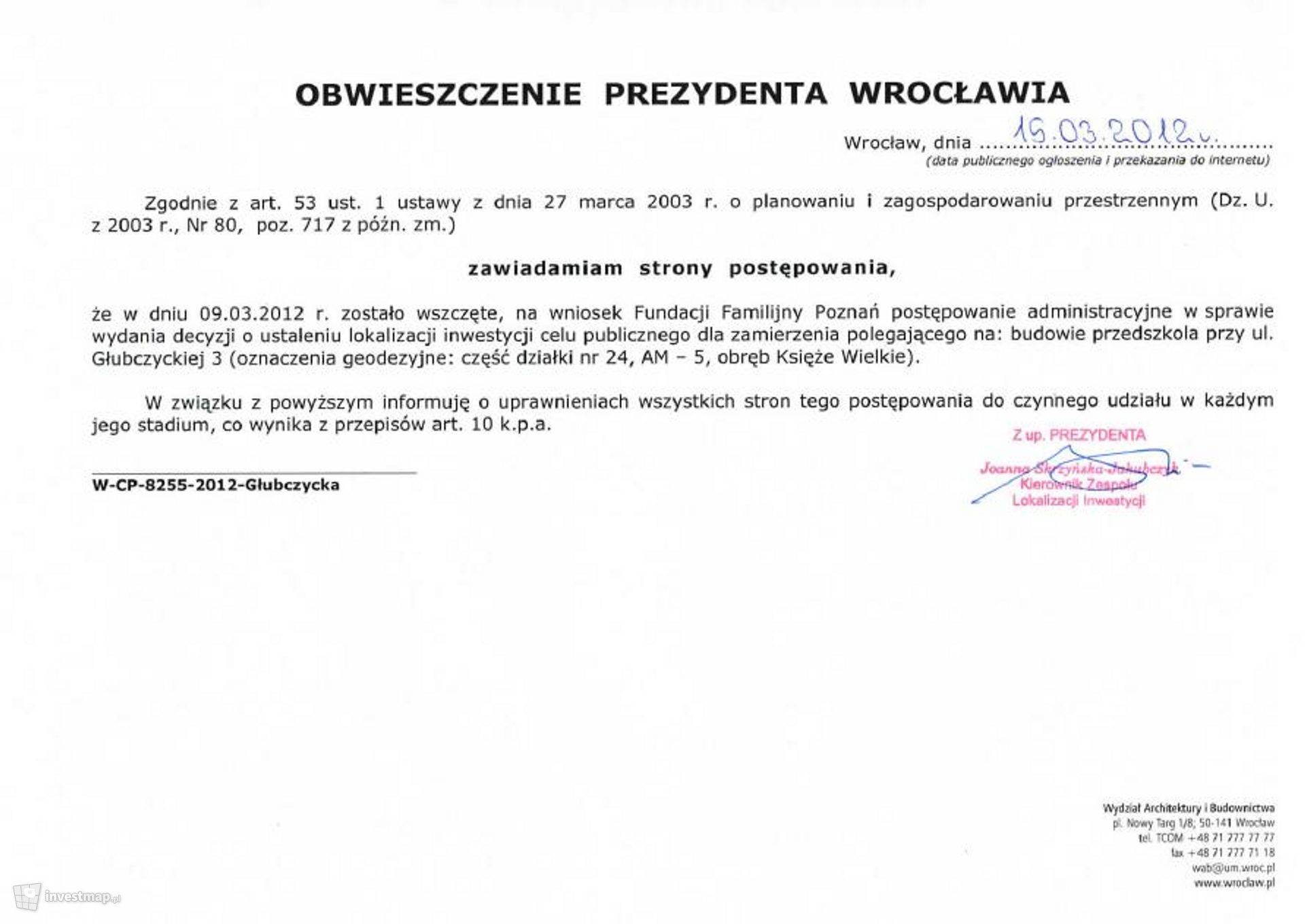 [Wrocław] Przedszkole, ul. Głubczycka 3