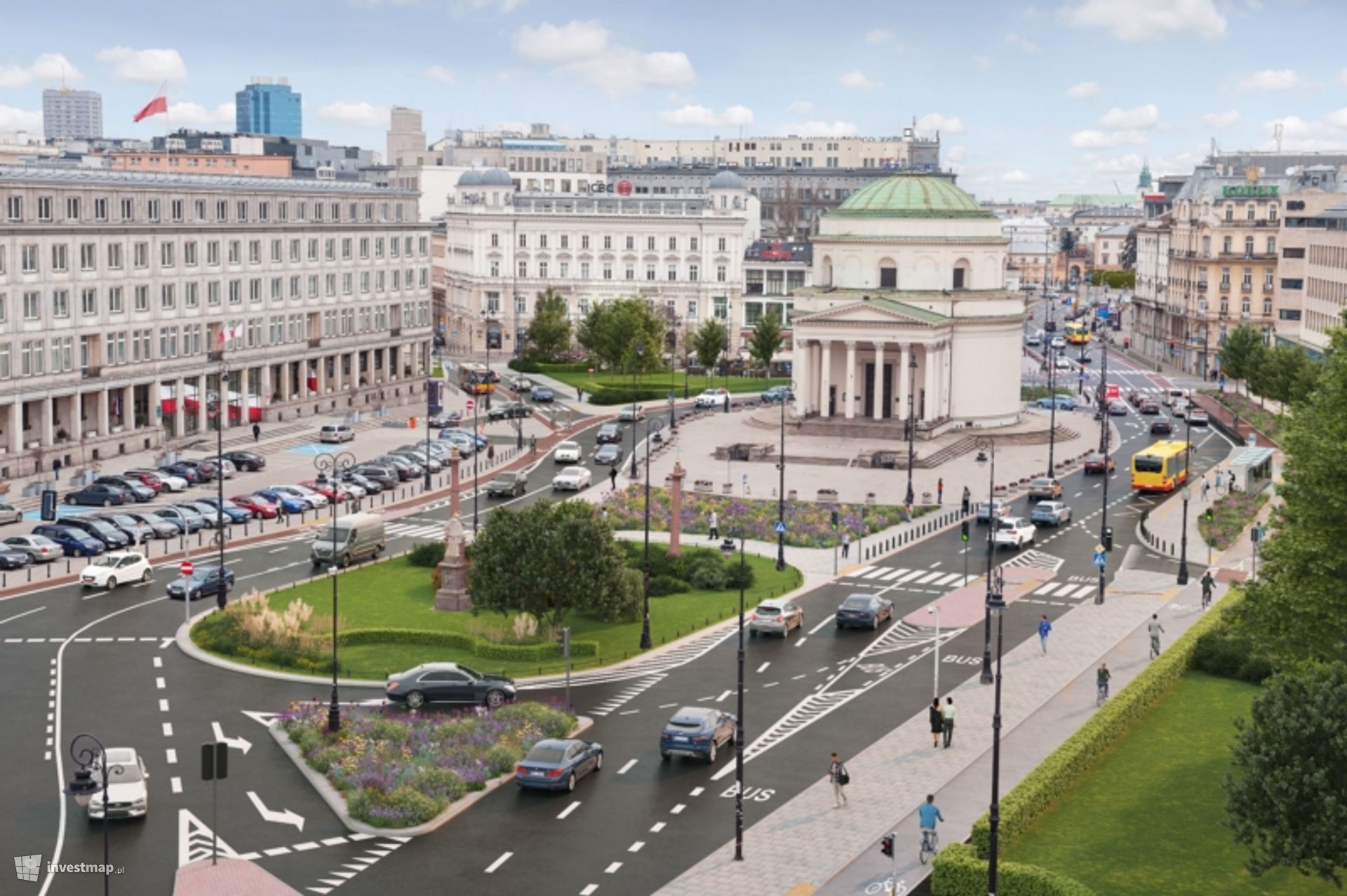 Plac Trzech Żywiołów – zieleń, piesi i rowerzyści na Placu Trzech Krzyży w Warszawie 