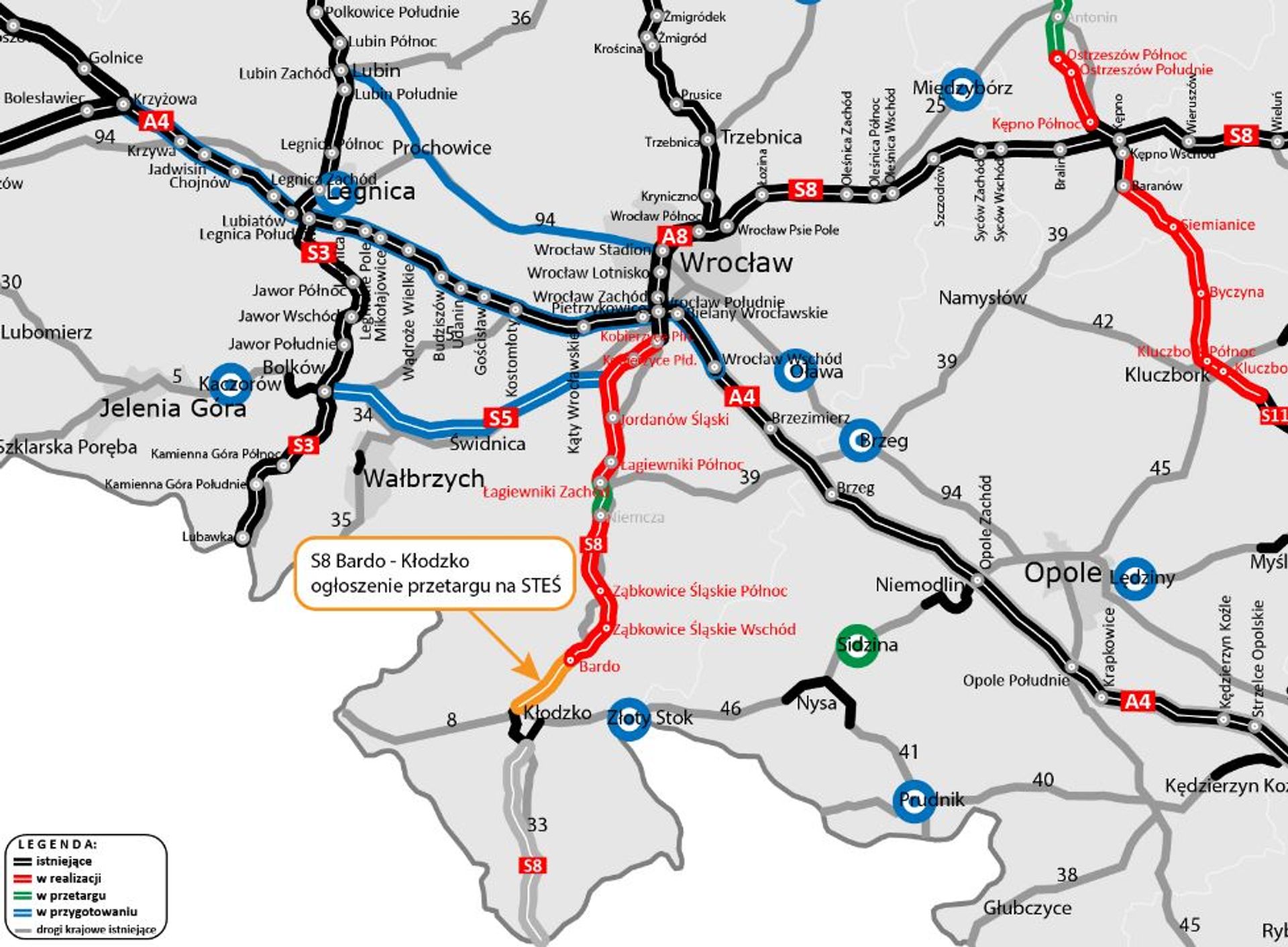 Ogłoszono przetarg na dokumentację ostatniego odcinka S8 Wrocław/Kobierzyce - Kłodzko