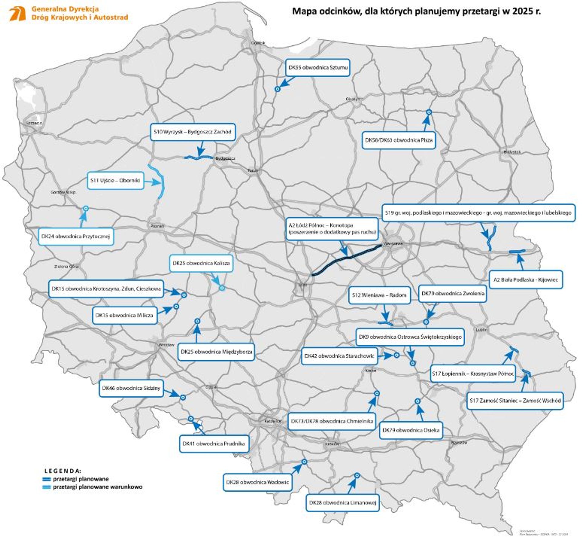 Przetargi planowane przez GDDKiA do ogłoszenia w 2025 r. 