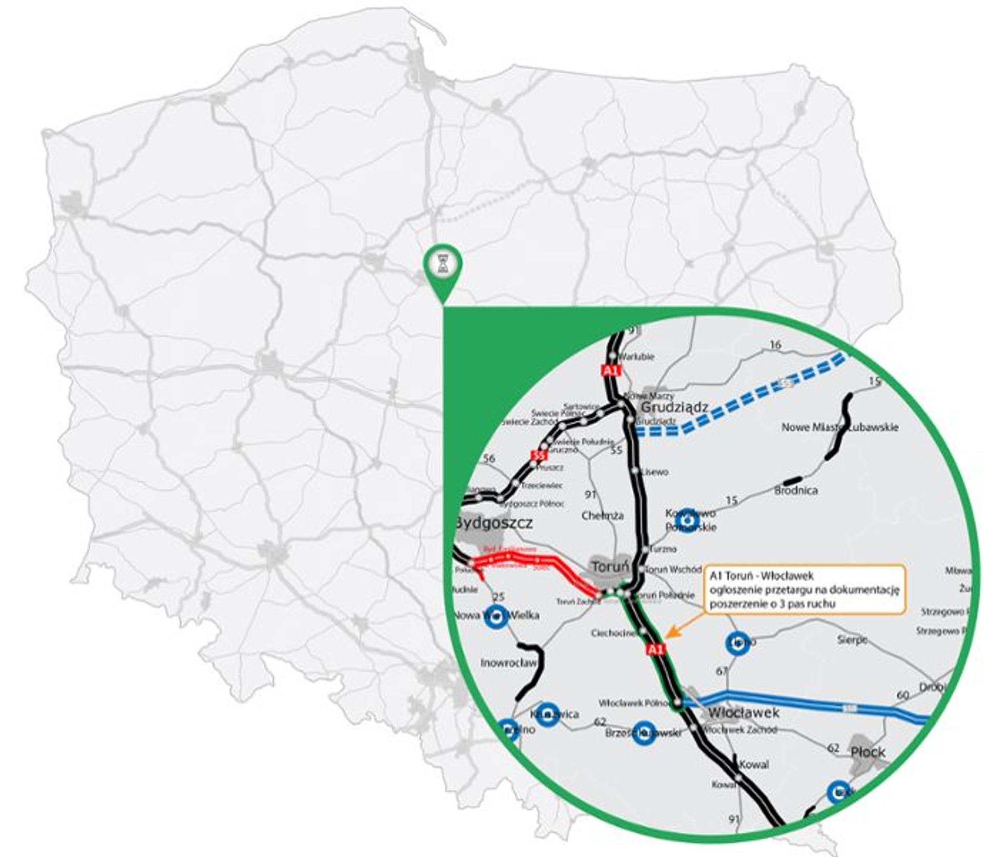 Ponownie ogłoszono przetarg na dokumentację dla poszerzenia autostrady A1 na odcinku Toruń - Włocławek
