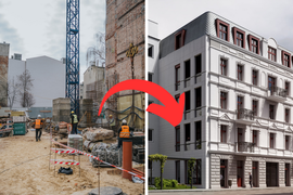 Odbudowa zawalonej kamienicy przy Rewolucji w Łodzi. Widać już nowe ściany i piętra [ZDJĘCIA]