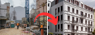 Odbudowa zawalonej kamienicy przy Rewolucji w Łodzi. Widać już nowe ściany i piętra [ZDJĘCIA]