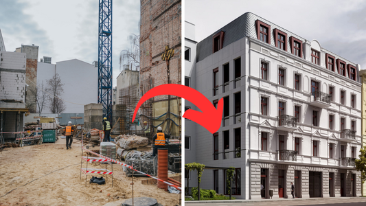 Odbudowa zawalonej kamienicy przy Rewolucji w Łodzi. Widać już nowe ściany i piętra [ZDJĘCIA]