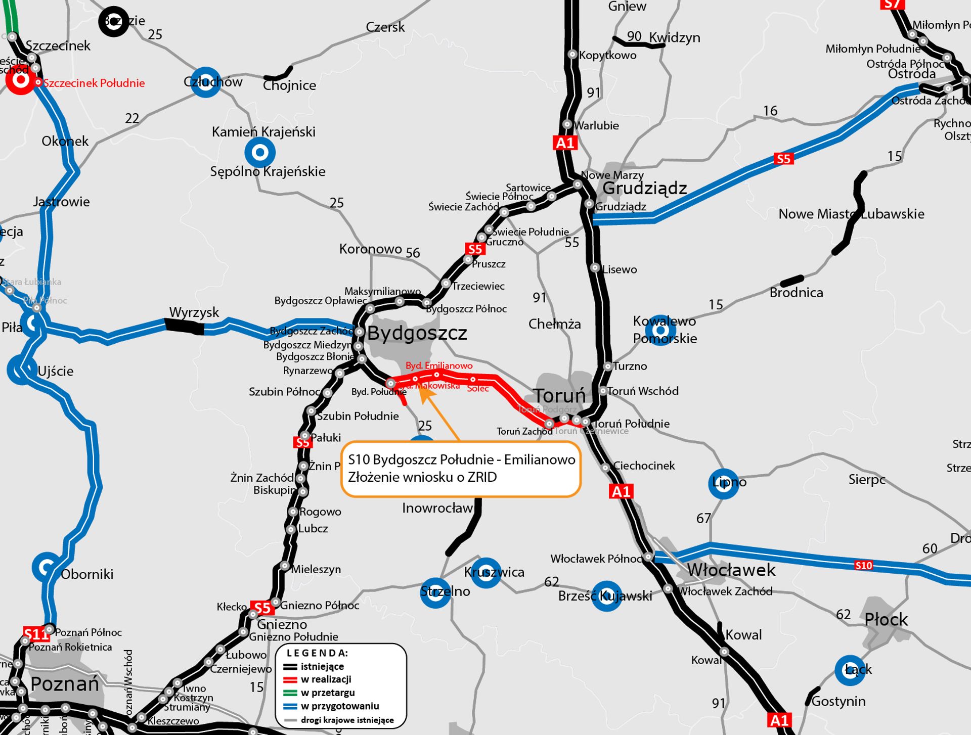 Jest wniosek o ZRID dla pierwszego z czterech odcinków drogi ekspresowej S10 Bydgoszcz - Toruń