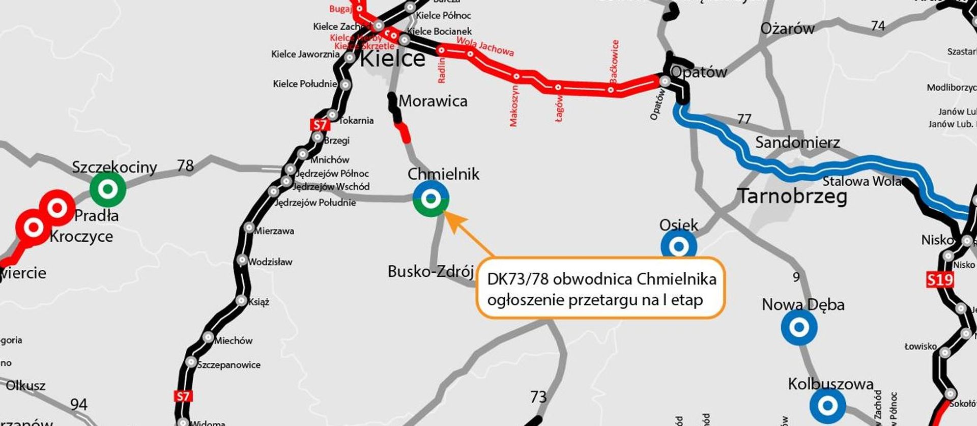Świętokrzyskie: GDDKiA ogłosiła przetarg na budowę I etapu obwodnicy Chmielnika, w ciągu dróg krajowych nr 73 i 78